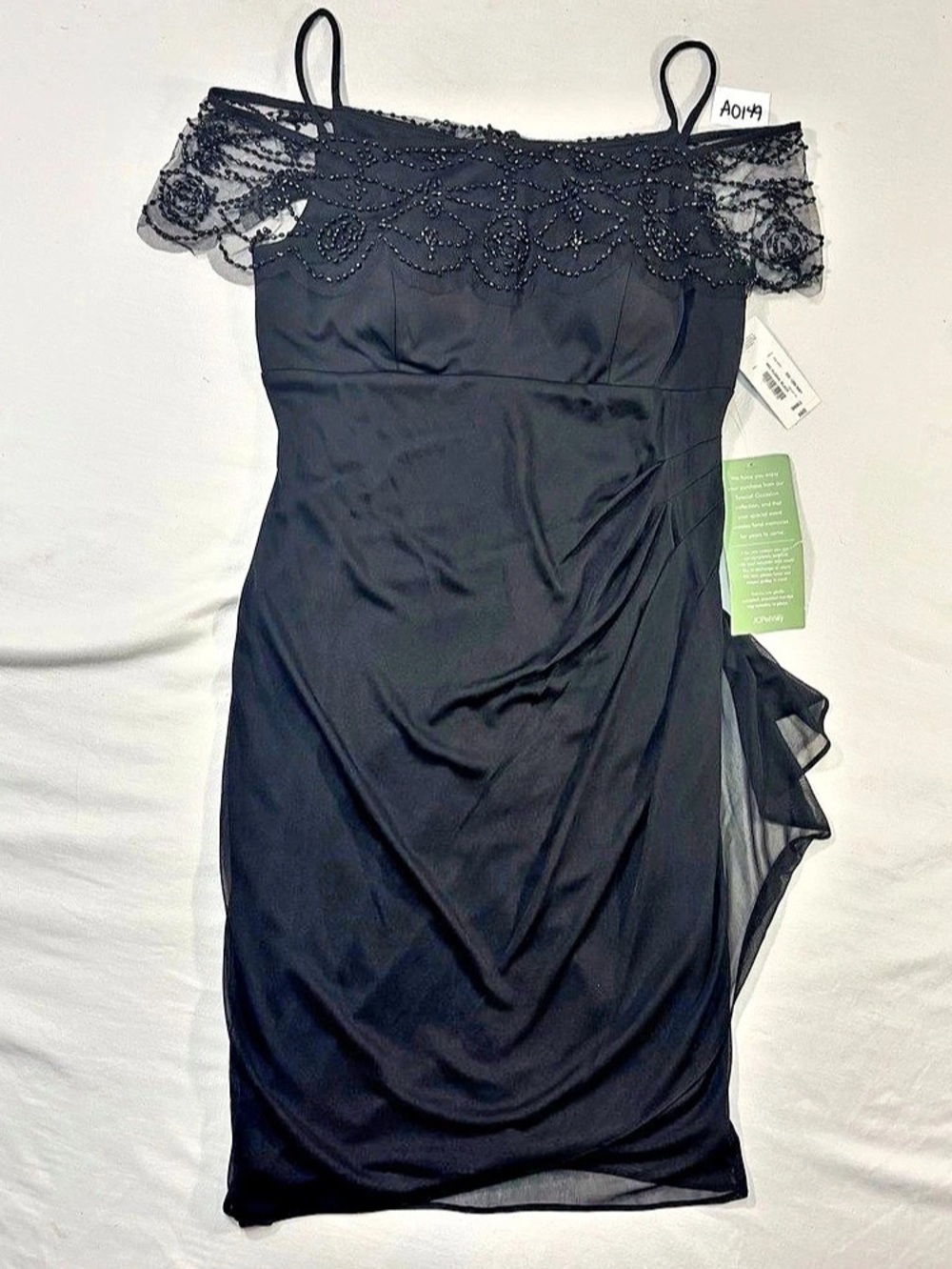 NWT DJ-Jaz Women's 12 Black Off Shoulder Beaded Mesh Ruched Lined Sheath Dress
